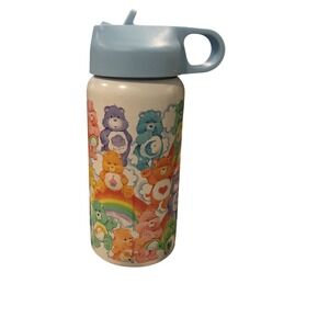 Care Bears Rainbow Metal Water Bottle Blue Lid Flip Straw Spout Insulated
